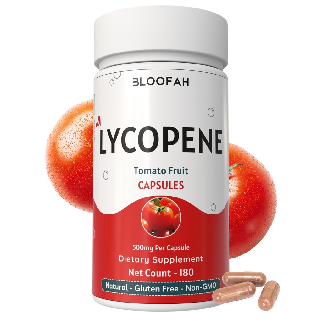 Domates Toz Kapsülleri 500 mg - 180 Kont (Lycopene) Sağlık ve Sağlık Desteği için Doğal Carotenoid Tamam | Gluten Free & Non-GMO, Plant Based Free & Non-GMO, Plant Based