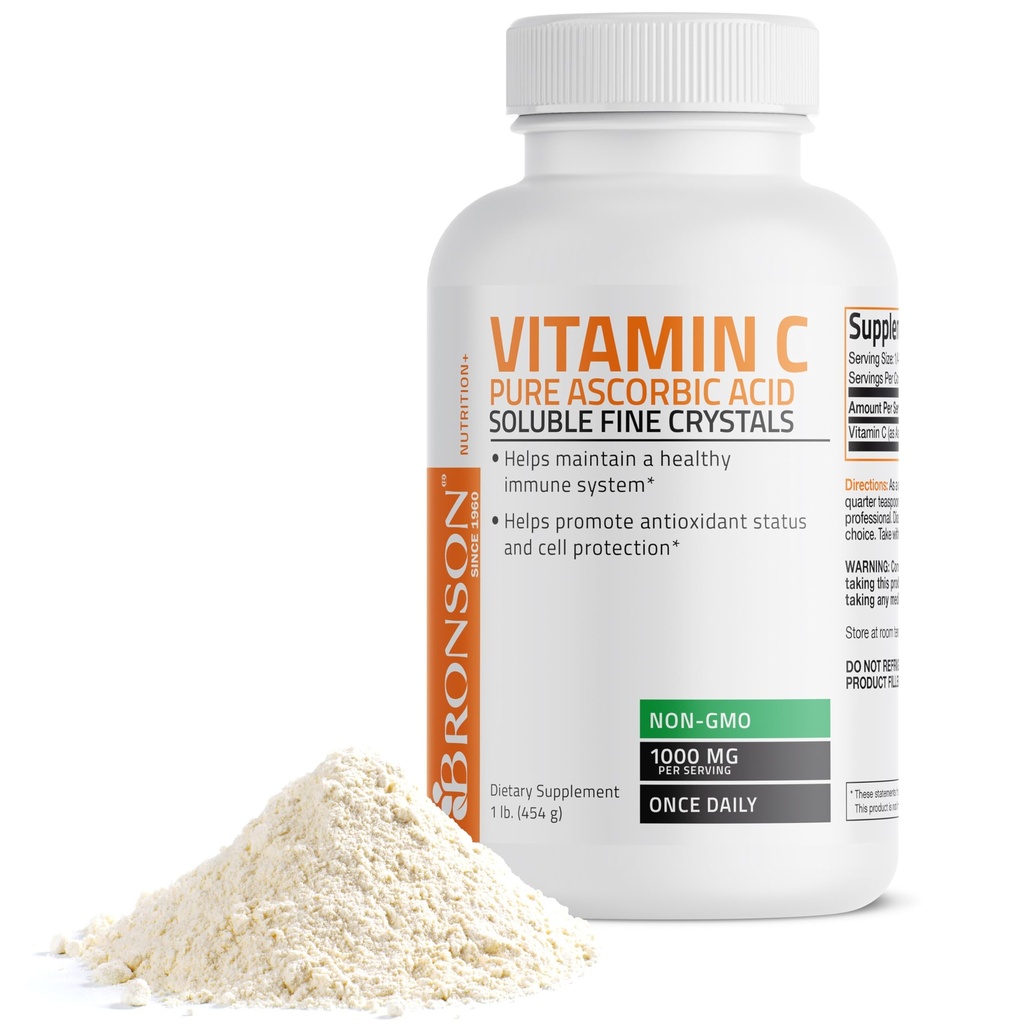 Bronson Vitamin C Toz Saf Ascorbik Asit GMO Kristalleri - Sağlıklı Immune Sistemi ve Hücre Korumasını Teşvik - Güçlü Antioksi - 1 Pound (16 Ounces)