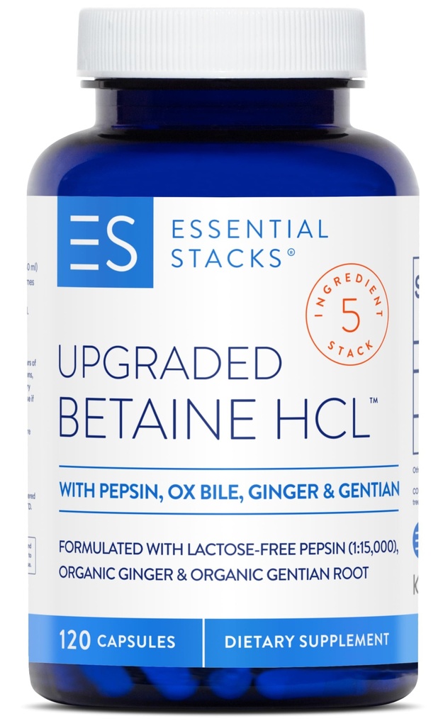 Essential Stacks Betaine HCL with Pepsin, Ox Bile, Organik Gentian & Ginger - Betaine Supplement Supplement w Digestive Enzymes, Bile & Bitters - Gluten, Dairy & Soy Free (120 Capsules)