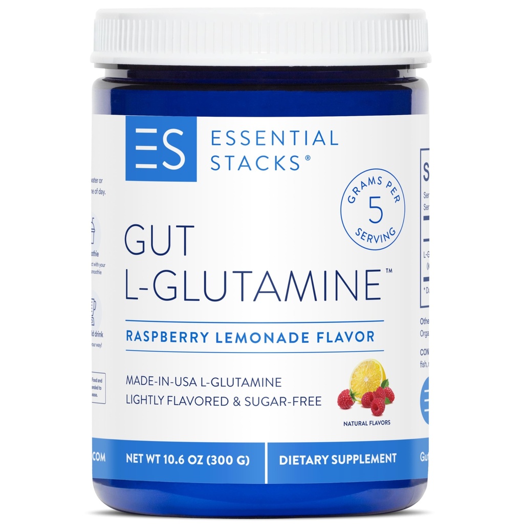 Essential Stacks Gut L-Glutamine Toz - ABD'de özel olarak yapılır - Gut Health için Saf L Glutamine Tozu (50 Hizmetler, Raspberry Lemonade)