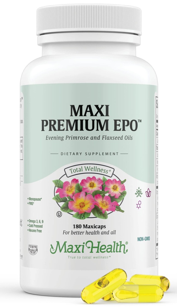 Maxi-Sağlık Primrose ve Flax Tohumları Yağ Yumuşakgels - Vegan Omega 3 6 9 Sağlıklı Cilt, Saç ve Ortaklar - Kosher sertifikalı, Organik Eveningrose Oil Softgels, 180 Count