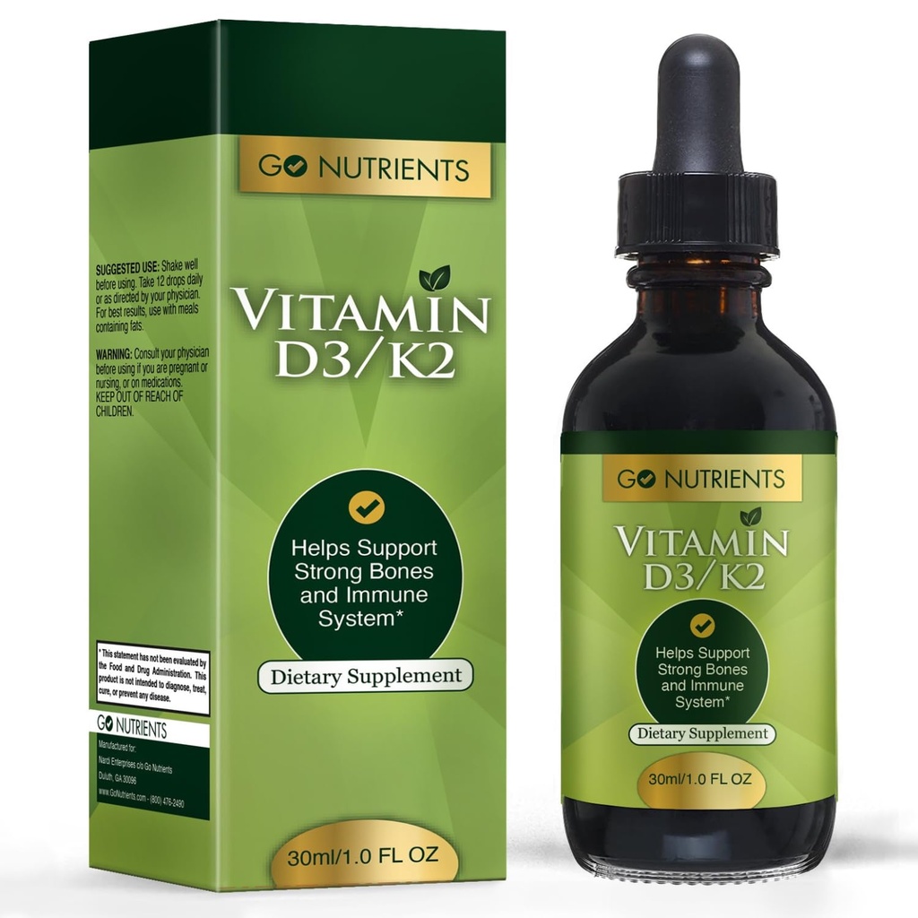 Go Nutrients Vitamin D3 K2 Drops - Sıvı VIT D Supplement with MK7 for Yetişkinler & Çocuklar - Yüksek Abhidrasyon Kemik, Cardiovascular, Heart & Immune Health - 1 oz, 90 Servisler