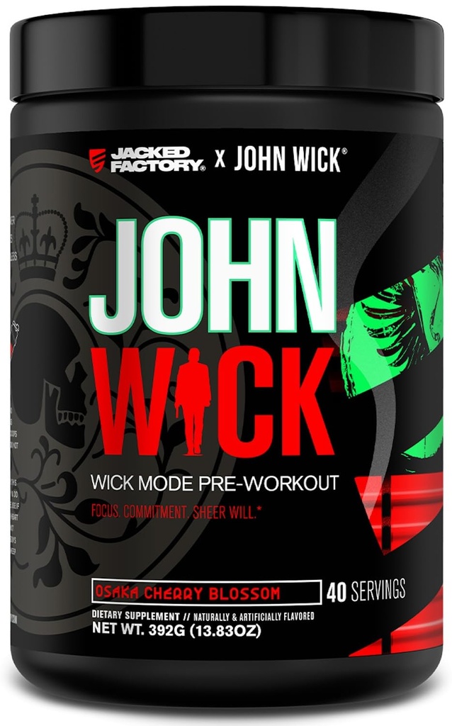 Jacked Factory X John Wick - Wick Mode Pre Workout Toz - Intense Energy, Battle-Ready Focus, Unstoppable Commitment ve Sheer Will - 40 Hizmet, Osaka Cherry Blossom