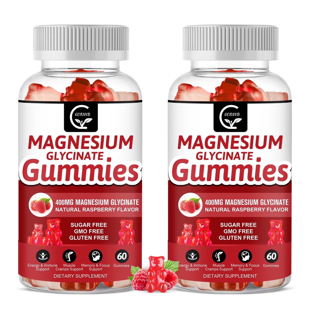Magnezyum Glycinate Gummies 400mg, Chelated Magnezyum Malate Kompleksi, D, B6 ve CoQ10, Memory, Calm, Mood & Sleep - 60 Count (Pack of 2)