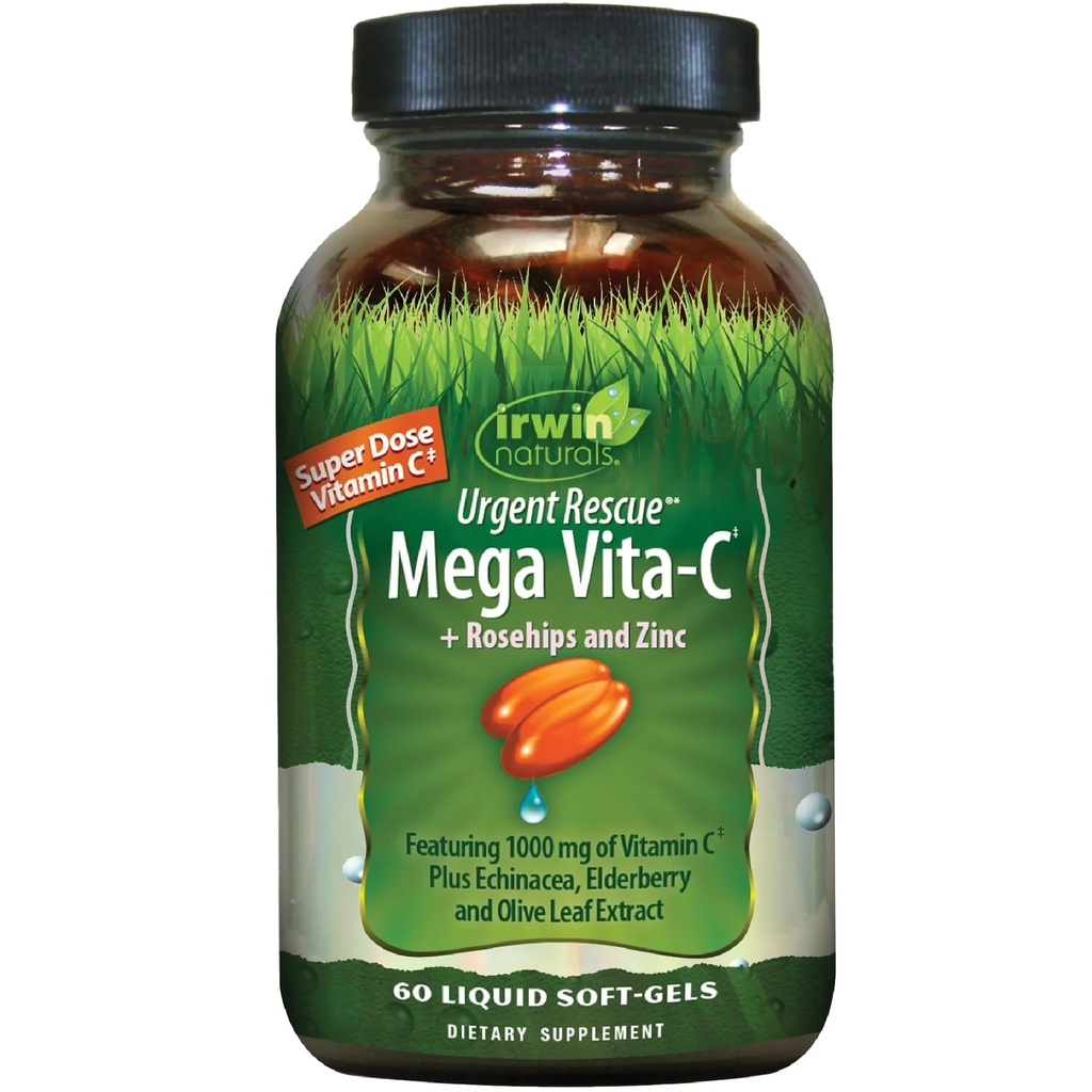 Irwin Naturals Urgent Rescue Mega Vita-C - 1,000 mg of Vitamin C - Immune Support Supplement with Rosehips and Zinc - 60 Liquid Softgels