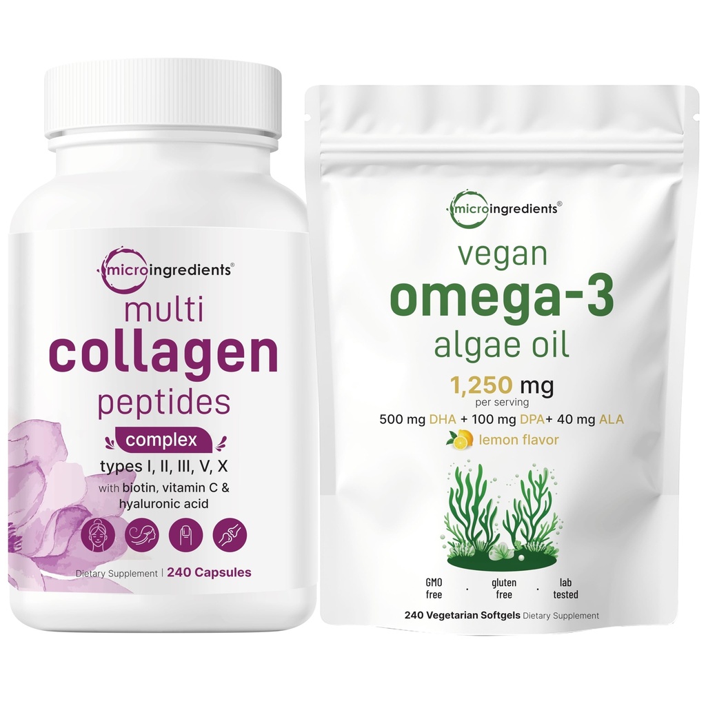 Mikro Malzemeler Multi Collagen Kompleksi & Vegan Omega 3 Algae Oil Supplement Sche 2 Pack | Grass-Fed Collagen Omega | Omega-3 Full Spectrum Alternative to Fish Oil