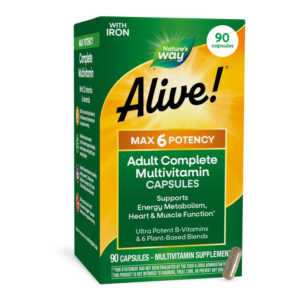 Doğanın Yolu Alive! Max6 Potency Adult Complete Multivitamin, Iron, Vitamins A, C, E & B-Vitamins Including Me12 & Folate, Supports Energy Metabolism*, 90 Capsules (Pazarlama May Vary)