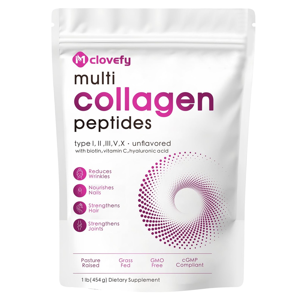 Multi Collagen Peptides Powder, 16 Oz (41 Servings) - Protein Supplement, Type I, II, III, V, X with Hyaluronic Acid, Vitamin C and Biotin, Unflavored, Easily Mixes in Drinks