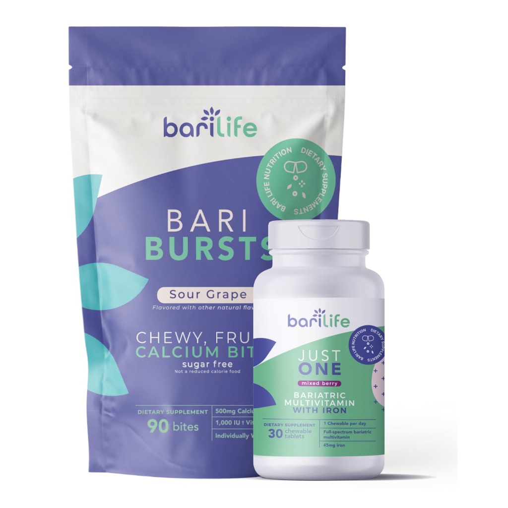 Bari Life Just One Chewable: Daily Bariatric Multivitamin + Demir ve BariBurstuba Citrate Soft Chews for Gastrik Bypass, Gastrik Kol ve Duodenal Switch (Sour Grape)