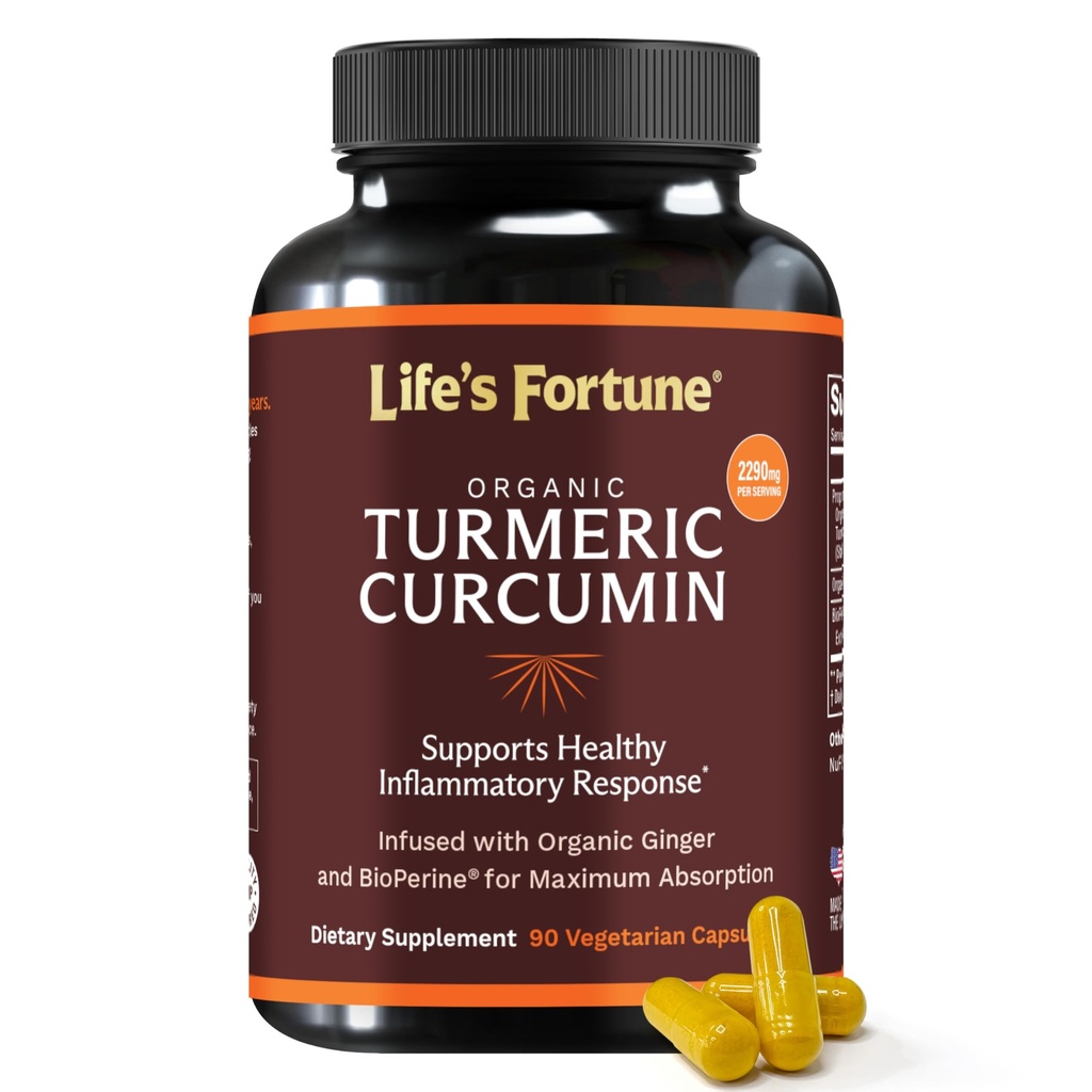 Life's Fortune Organic Turmeric Curcumin with Black Pepper and Ginger, Gelişmiş Aborpsiyon, Ekstra Güçlü Tamam, Ortak & Immune Support, Non-GMO, 90 Cap - 2250 mg