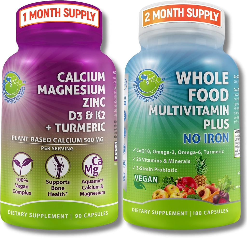 SUPPLEMENTS STUDIO Daily Immune, Bone & Energy Support Sche for Men & Women – Vegan Whole Food Multivitamin Without Iron & Plant-Baseduba Magnezyum with D3, K2 & Turmeric – Vegan, Non-GMOMO