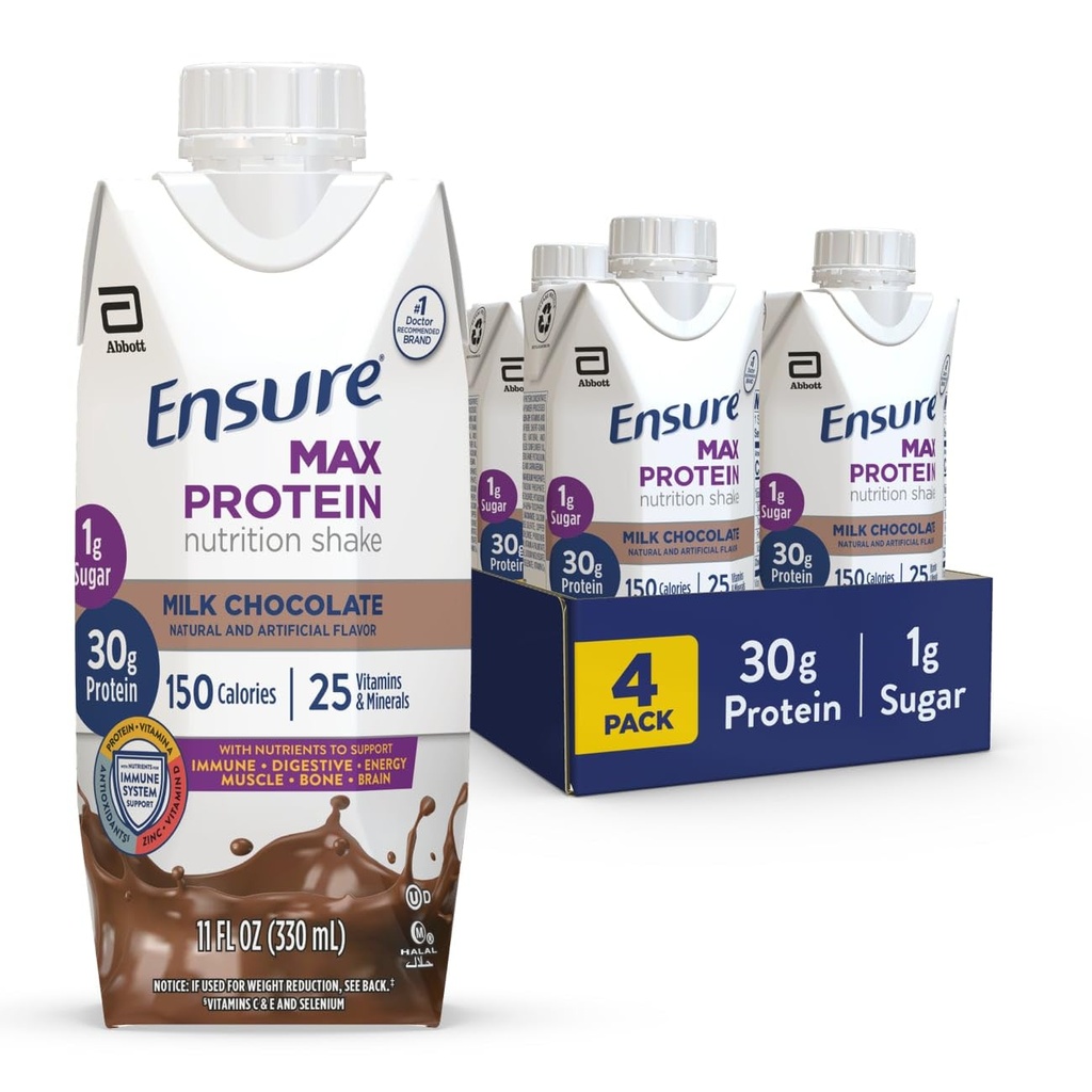 Max protein Süt Çikolatası Beslenme Shake | 30g protein, 1g Sugar, 4g Fiber Mix | 4 Pack