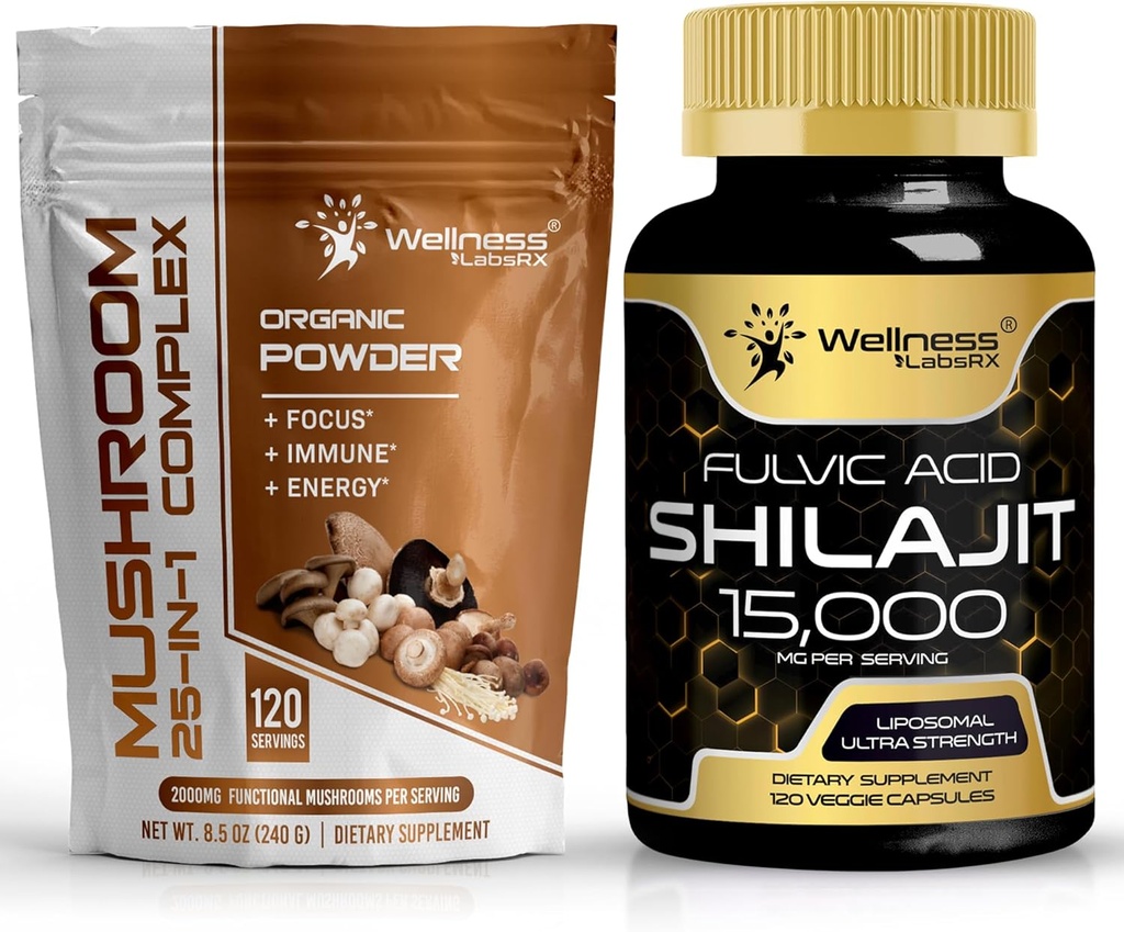 WELLNESS LABSRX Mushroom Toz 2000 mg - Shilajit Pure Himalaya 15,000 mg Capsules