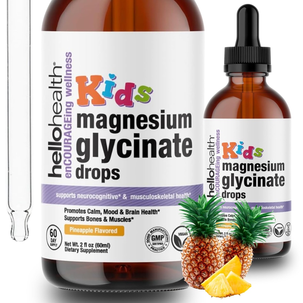 Çocuklar için Magnezyum Glycinate Liquid Drops – Sugar Free Liquid Magnezyum Drops, Happy Calm for Kids Calming Supplement Kompleksi – Çocuklar ve Nighttime Sleep için Magnezyum, Pineapple Flavor 2 Fl Oz.