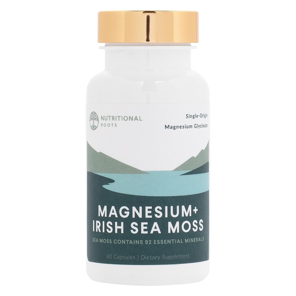 Beslenme Kökleri - Magnezyum + İrlandalı Deniz Moss - 350 mg Magnezyum Glycinate & Organik İrlandalı Deniz Moss - Temel Mineraller - Kalp ve Kemik Sağlığı - Diyet Tamamı - 30 Hizmet - 60 Capsules