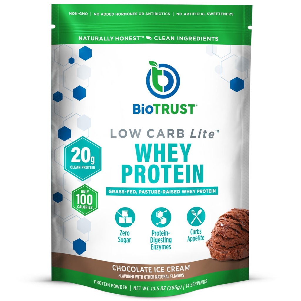BioTrust Low Carb Lite, 20 Grams of Grass-Fed Whey Protein Isolate, 100 Calories, ProHydrolase Digestive Enzymes, Non-GMO, Free from Soy and Gluten, rBGH-Free (14 hizmet) (Chocolate Ice Cream)
