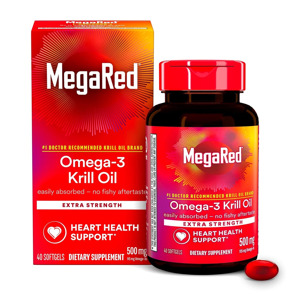 MegaRed Omega-3 Krill Oil 500 mg Ekstra Kuvvetli softgels (40 Bir Kutuda Kont) - Krill Oil No Fishy Aftertaste
