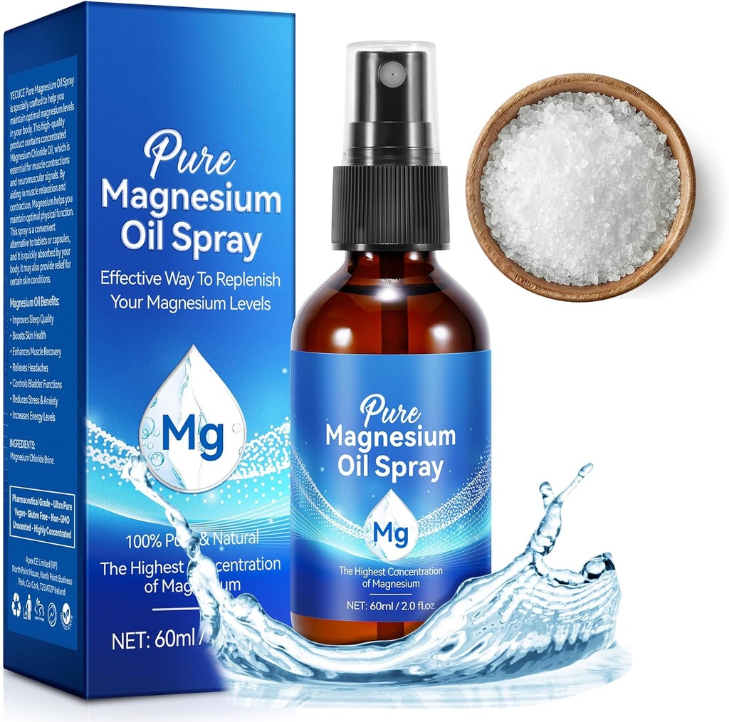 Magnezyum Yağı, Ayaklar için Saf Magnezyum Yağı,% 100 Doğal & Magnezyum Organik Kombine Cam Şişe, Absorb & Use, Topical Magnezyum Sprey (2 Fl Oz, 1) Paketi