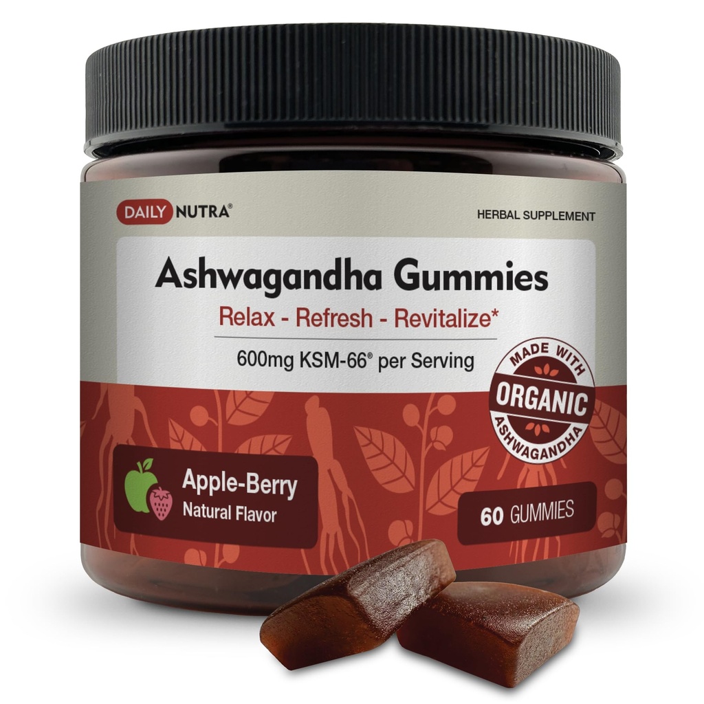 KSM-66 Ashwagandha Gummies - Servis başına 600 mg Organik Kökleri - Doğal Apple-Berry Flavor | Destekler Rahatlama, Focus, & Energy (60 Gummies)
