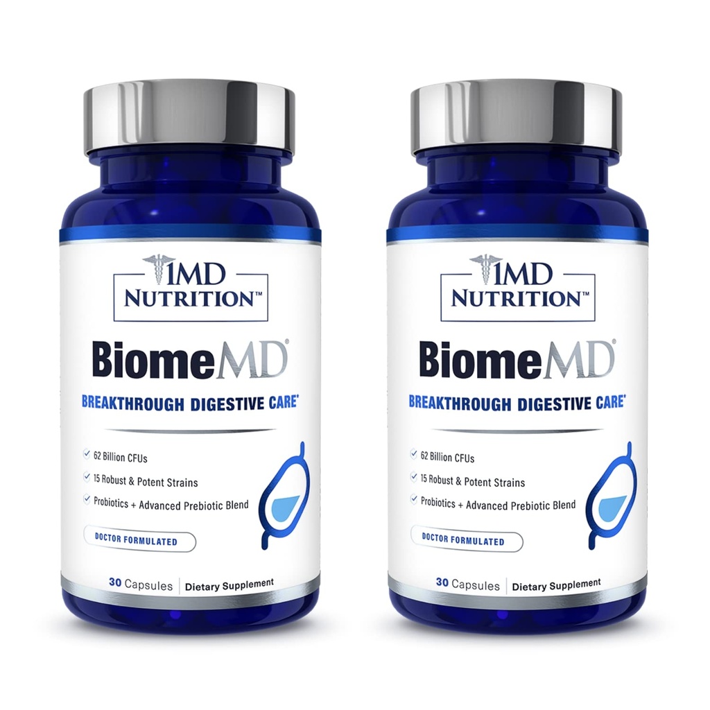 1MD Nutrition BiomeMD Probiotics | 62 Billion CFUs, 15 Comprehensive Strains - Pro & Prebiotics | Doctor-Formulated for Digestive Health & Immune Support | 60 Capsules