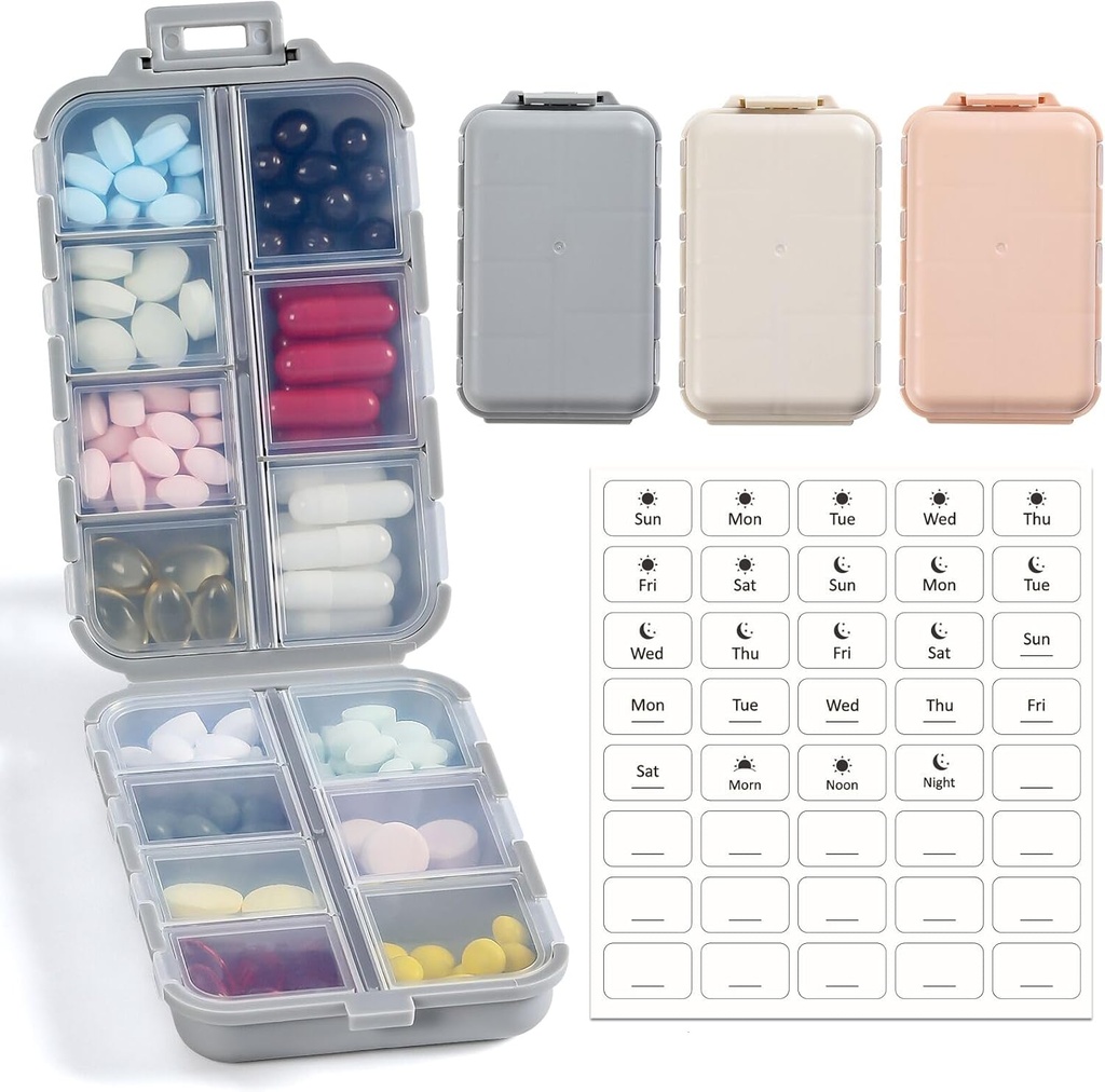 LANDNEOO 14 Grids Pill Organizer Box, Etiketler, Travel Drug Holder Case Kit, Fish Oil Vitamin Supplement Storage, Khaki Pink Grey, 3 Pack