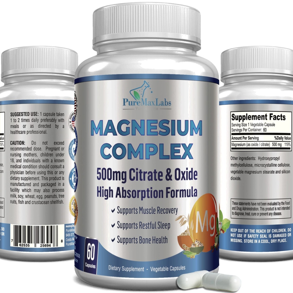Yüksek Aborpsiyon Magnezyum Citrate Kompleksi 500 mg Magnezyum Citrate & Oksit – Calm Sleep, Muscle Cramp Relief, Muscle Recovery, Sağlıklı Dişler ve Bones, Non-GMO – 60 Sebze Kapsülleri
