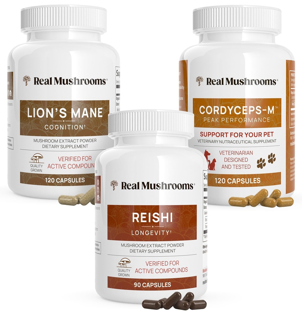 Real Mushrooms Brain, Vitality & Immune Support Bundle - Lion’s Mane Cognition Capsules (120 Capsules) + Reishi 415 Longevity Capsules (90 Capsules) & Cordyceps-M Peak Performance (120 Capsules)