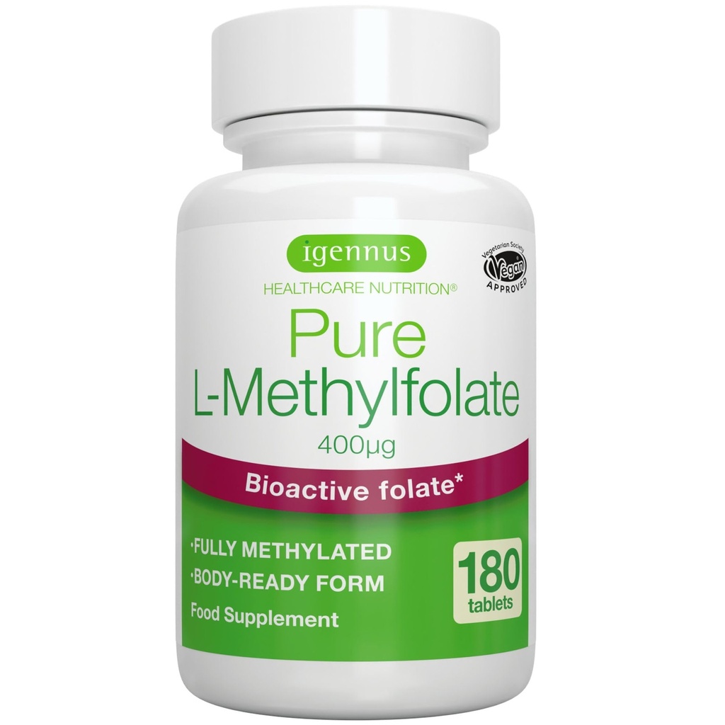 Igennus Pure Metil 400 mcg, 180 Tablet, Clean Label, Metrik Asit 5MTHF Form of Folic Acid 5MTHF (Vitamin B9), Vegan, Hamile için uygun, One-a-Day, 6 Ay Supply