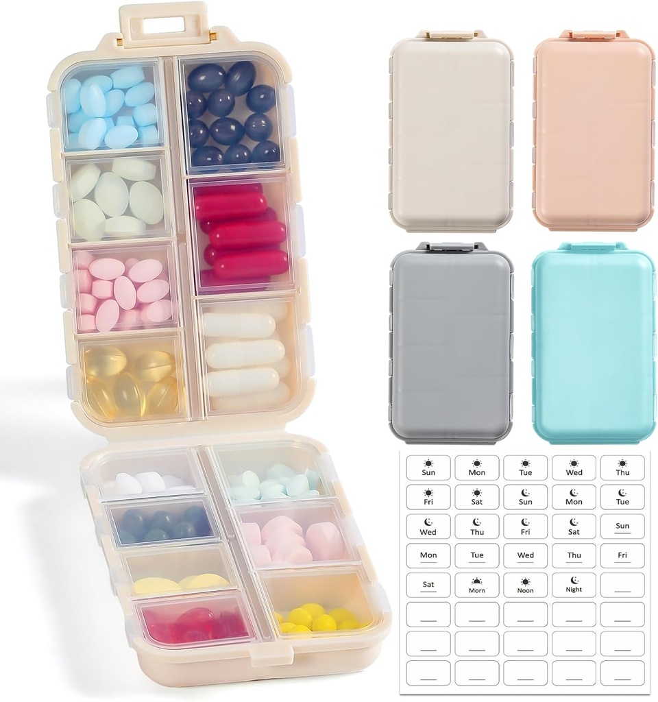 4 Pack, 14 GRIDS Seyahat Pill Organizer Box ile Etiketler - Travel Medicine Case Kit - Pocket Daily Eczane Konteyner - Balık Yağı Vitamini Ek Deposu için Seyahat İlaçlar