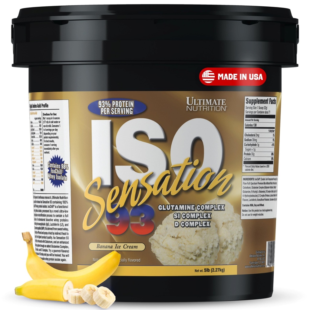 Ultimate Nutrition Whey Protein Isolate Toz Glutamine Kompleksi, ISO Sensation 93 - Whey Protein Tozu Gelişmiş Kurtarma için Eklenmiş Colostrum, Immunity & Gut Health - Banana, 5lbs