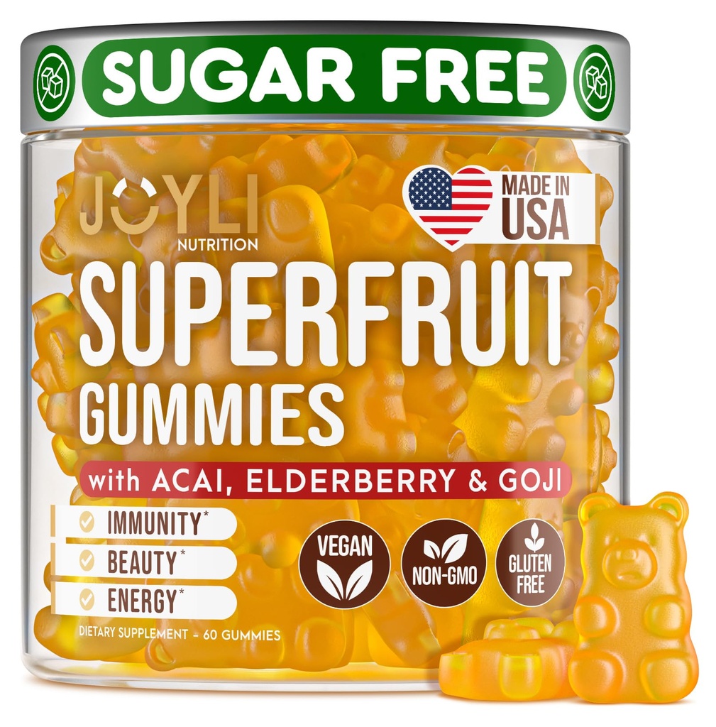 Joyli Supertre Gummies - Sugar-Free Fruit Multivitamin Gummies for Yetişkinler - Kadınlar ve Erkekler için Doğal Gummy Vitaminler, Yaşlılar, Vitaminler A, C, D & E - Destekler Immunity, Digestion & Energy