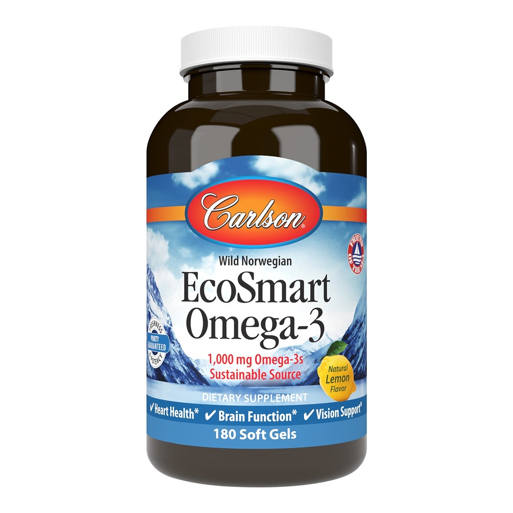 Carlson - EcoSmart Omega-3, 1000 mg Omega-3s, Sürdürülebilir Kaynak, Kalp Sağlığı, Beyin Fonksiyonu ve Vizyon Desteği, Limon, 180 Softgels