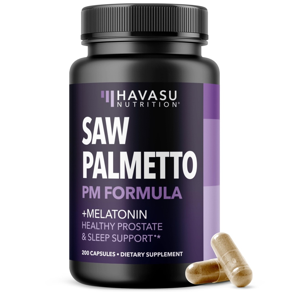 Melatonin 3 mg ile Erkekler için Palmetto PM - Night Time Prostate Health Supplement for Bladder and Sleep Support - Urinary Frekansı - 200 Kont - Vegan, Non-GMO Capsules - Over 6 Ay Supply