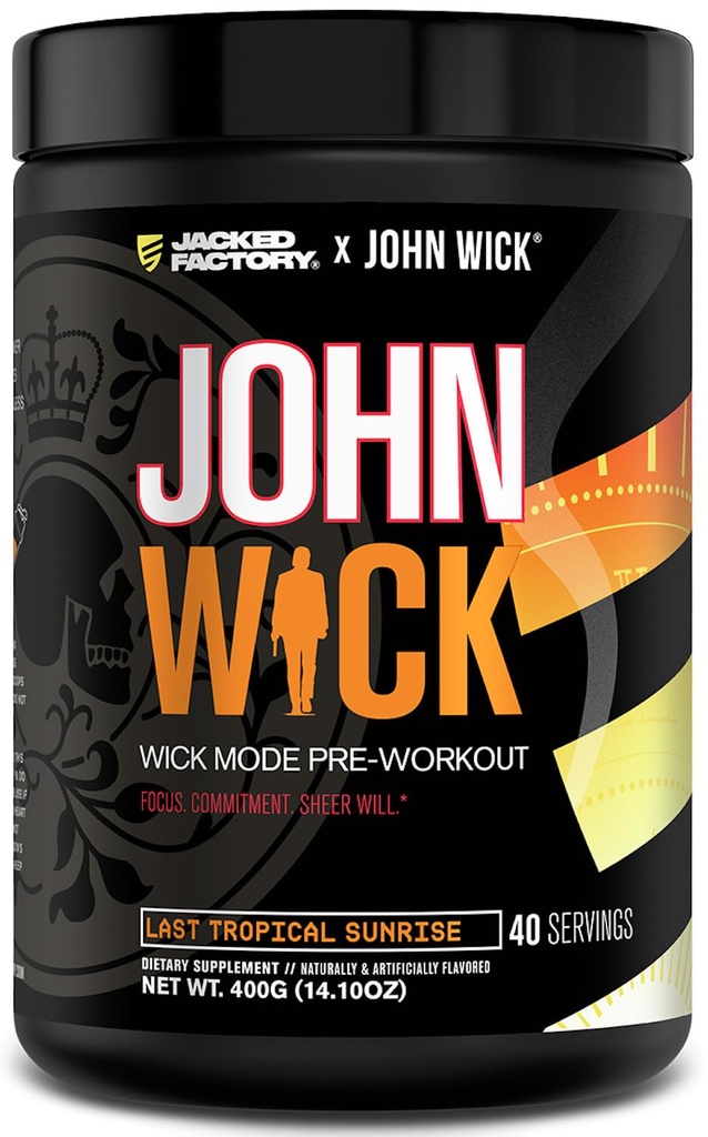 Jacked Factory X John Wick - Wick Mode Pre Workout Toz - Intense Energy, Battle-Ready Focus, Unstoppable Commitment ve Sheer Will - 40 Hizmet, Son Tropikal Sunrise Sunrise