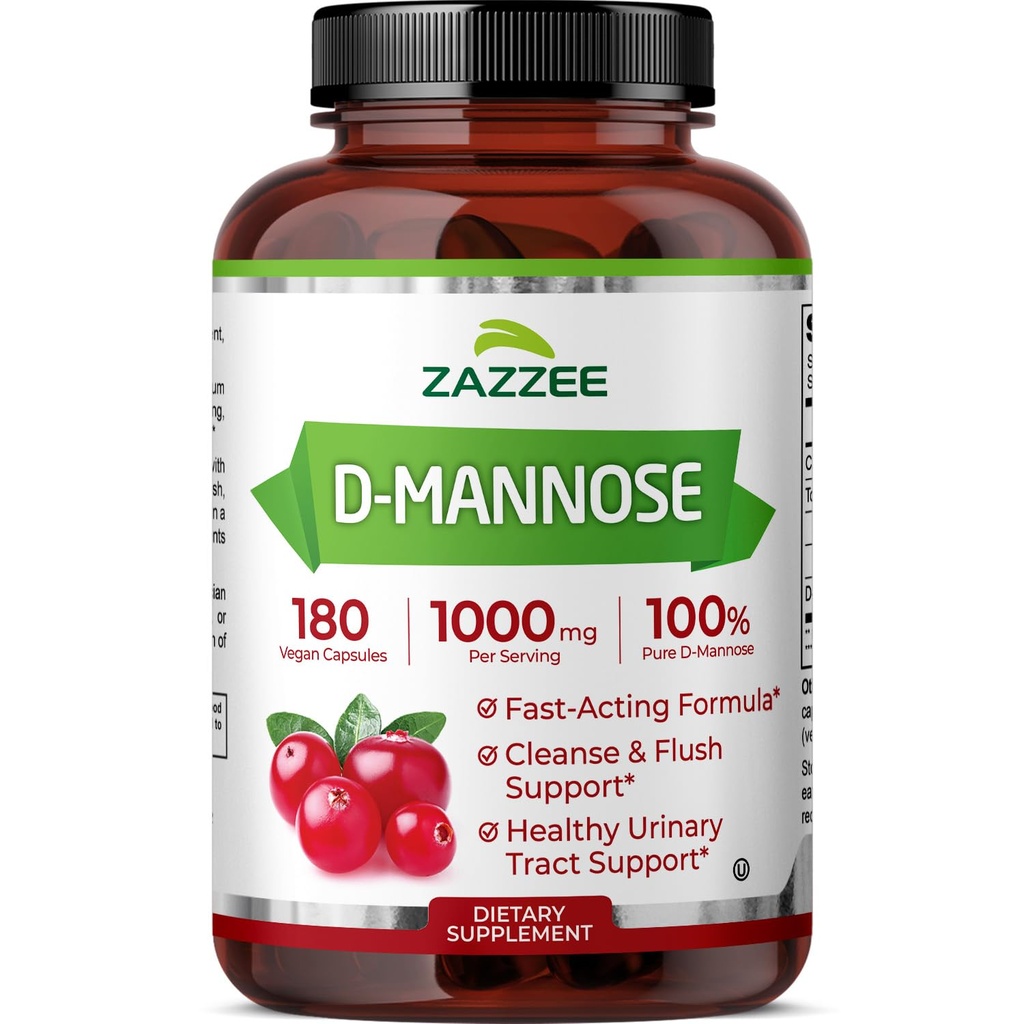 Zazzee D-Mannose, hizmet başına 1000 mg, 180 Vegan Capsules, 3 Ay Supply, Potent & Fast-Acting, Sertifikalı Kosher,% 100 Pure, All- Natural Urinary Tract Health Support, 100% Vegetarian, Non-GMO