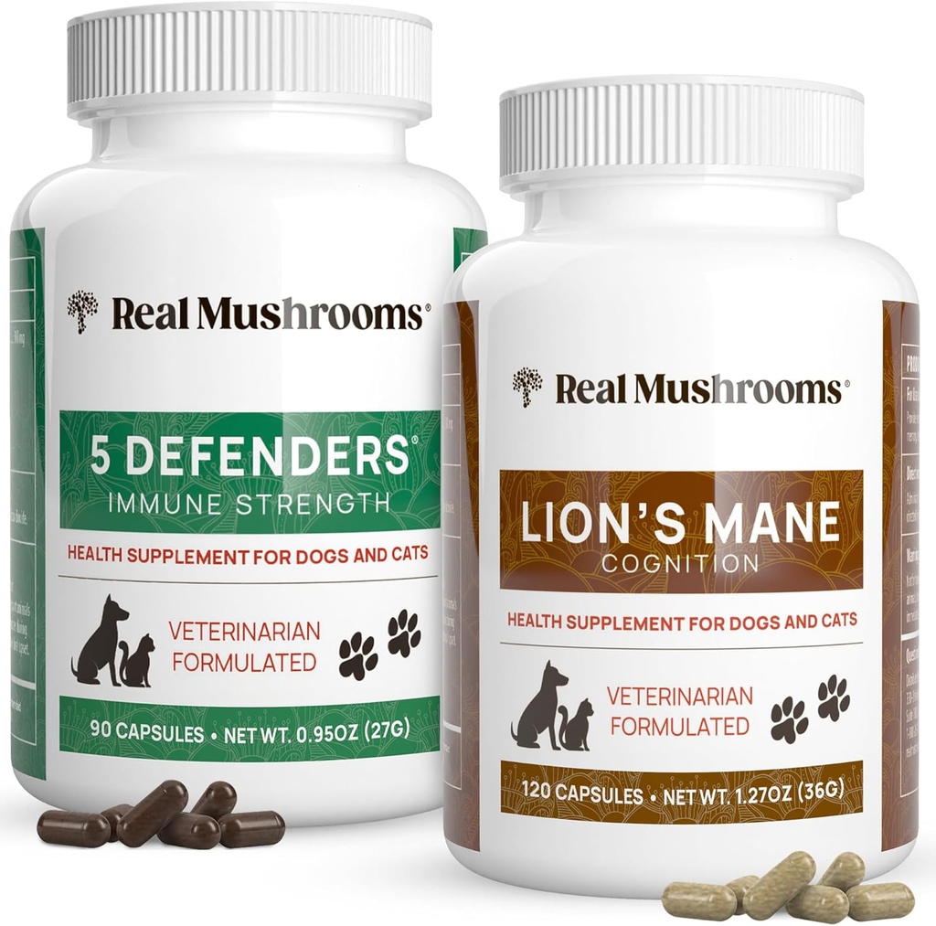 Real Mushrooms 5 Defenders for Pets (90ct) ve Lions Mane for Pets (120ct) - Immune Strength & Cognition - Vegan, Non-GMO, Gluten-Free, Pet Supplements-Free Mushroom Pet Supplements