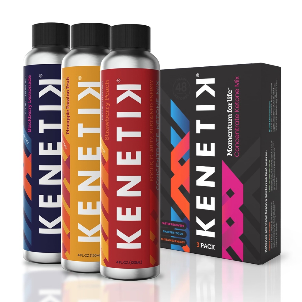 KENETIK Caffeine-Free Focus Concentrate – Brain Fuel for Mental Clarity Cognitive Endurance, Sugar-Free, Bioidentical Ketones (D-BHB), 4oz (4 Servings) – 3 Pack, Variety