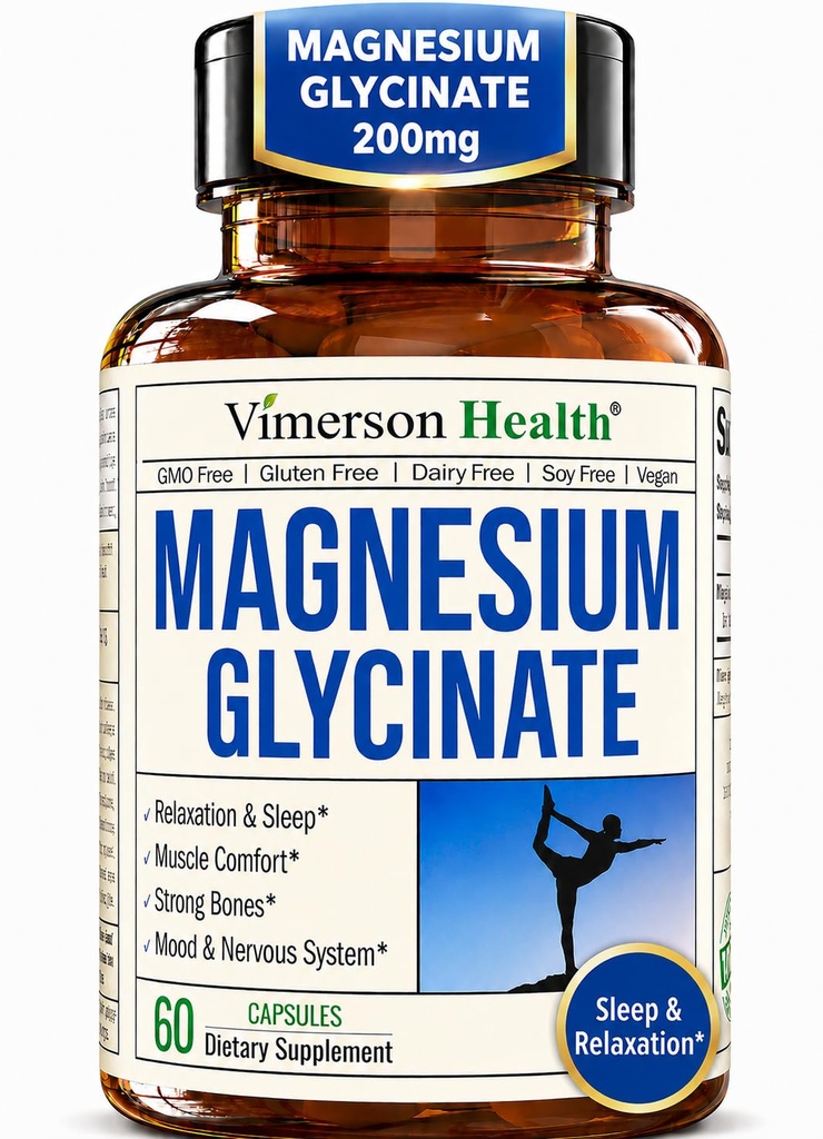 Pure Glycinate 200 mg (Glicinato de Magnesio) – Chelated Magnezyum Tamamı Uyku, Rahatlama, Kas & Women's Wellness – Daha İyi Absorbed Than Citrate or Physics – 60 Vegan Capsules