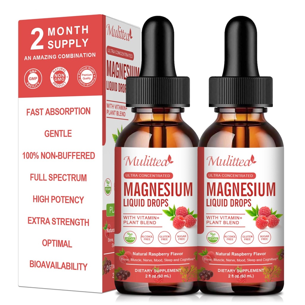 Magnezyum Glycinate Liquid Drop - Triple Abxia Supplement to Support Nerves, Sleep, Calm, Heart, Muscles * - Sugar-Free with P properties, L-Theanine, Sea Moss, B,C,D3, K2-2Pack