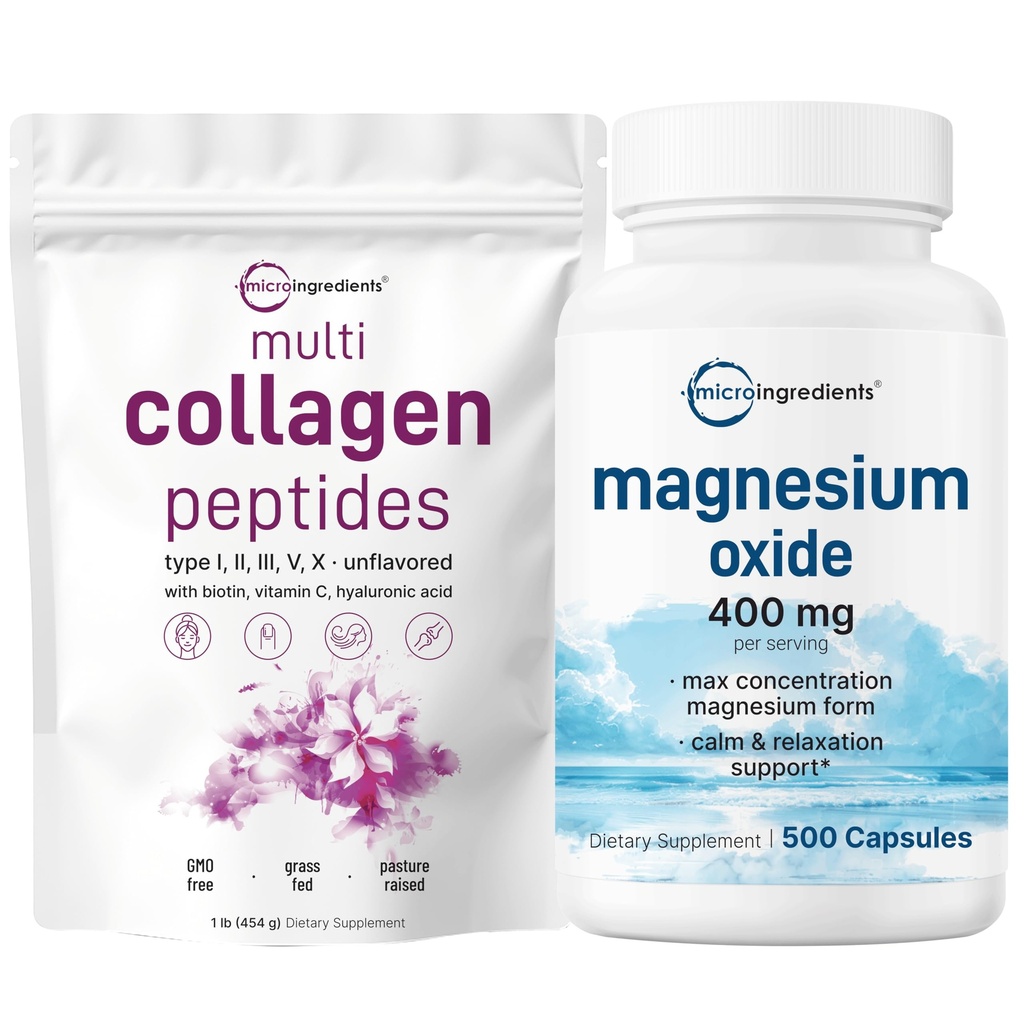 Micro Materialss Multi Collagen protein Toz 16oz & Magnezyum 400 mg Paket | Grass-Fed Collagen Peptides | Elemental Form for Max Concentration