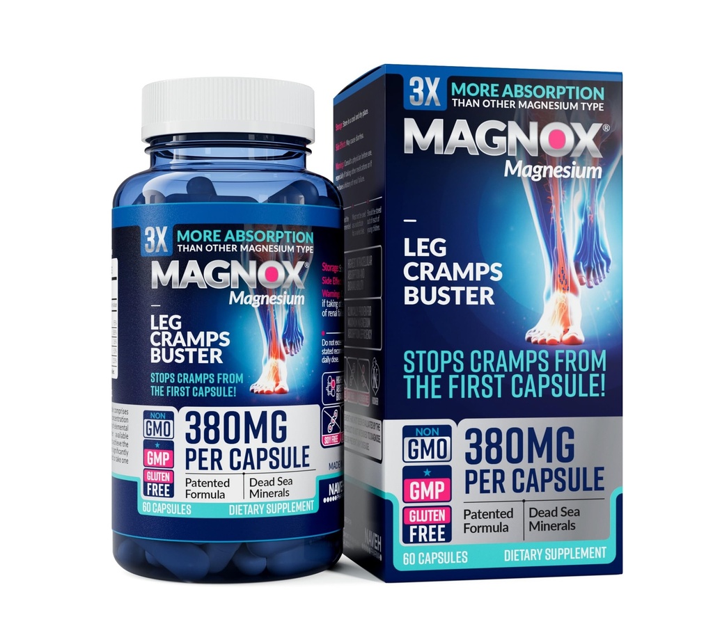 MAGNOX® Leg Cramps Buster | Night Magnezyum For Leg Cramps için 380 mg Magnezyum | Kas Spasms | 3X More Abxia | Dead Sea Minerals | Sleep & Muscle | 60 Caps