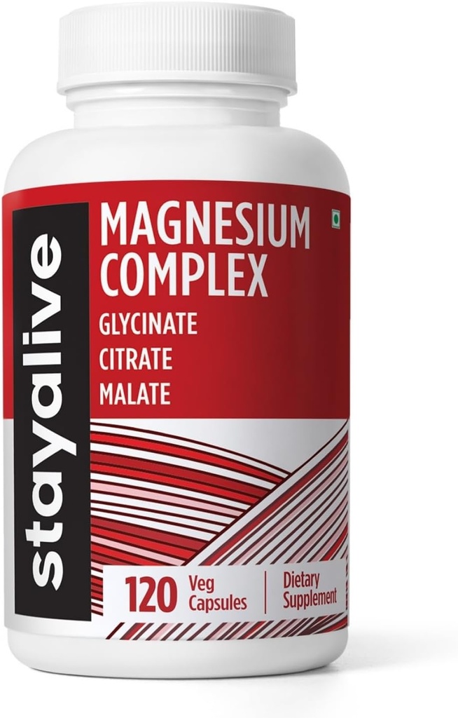 STAY ALIVE Triple Magnesium Complex Supplement 500mg, Chelated Glycinate, Citrate & Malate Powder, High Absorption Magnesium for Women and Men, 120 Pills, Non-GMO & Gluten-Free Capsules