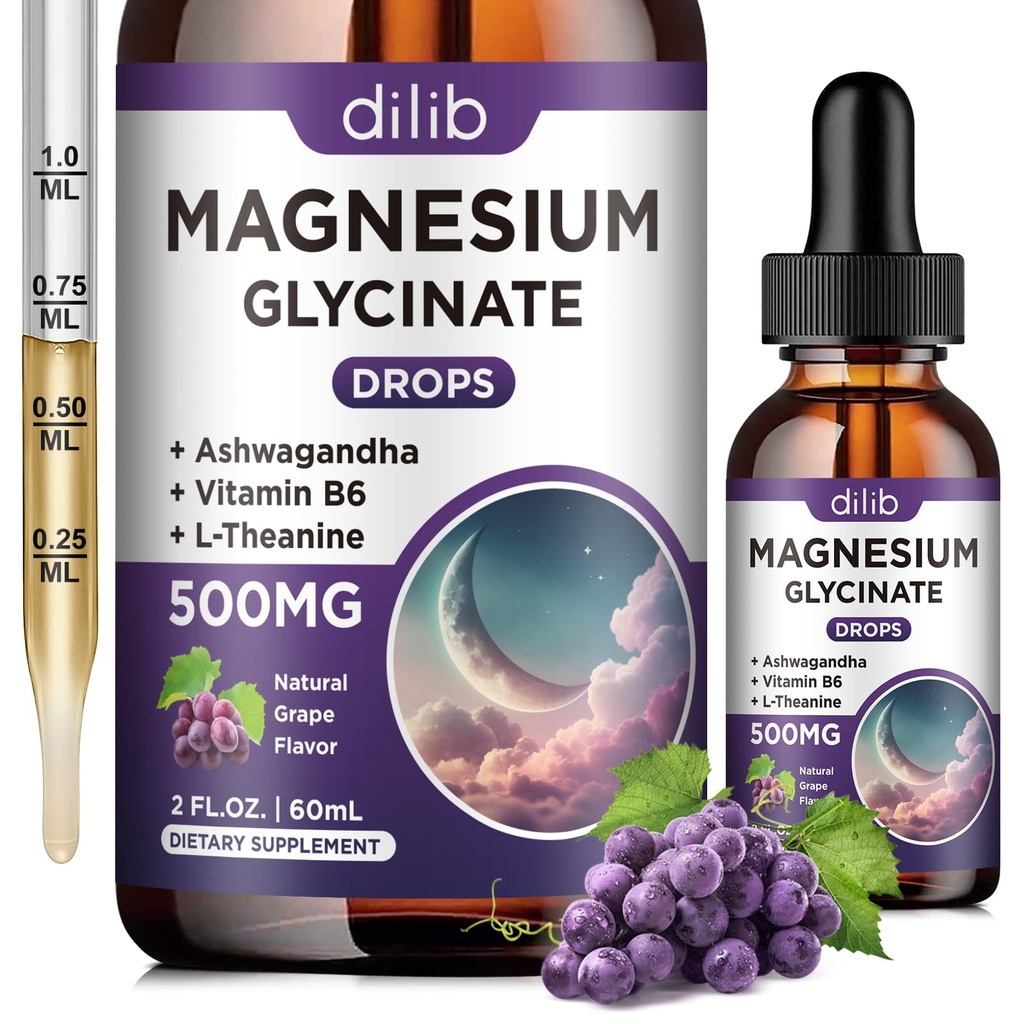 Magnezyum Glycinate Liquid Drops 500 mg, Vitamin B6, Ashwagandha, L - Theanine, Chamomile, Magnezyum Glycinate Supplement High Abxia for Sleep, Stress, Energy, Mood - Grape Flavor, 2 FL.OZ