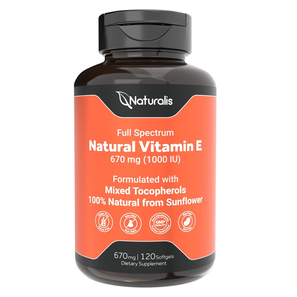 Naturalis Sunflower Vitamin E 670 mg (1000 IU) ile Karma Tocopherols | Essential Skin & Immune Support | Non-GMO, Soy & Gluten Free | 120 Softgels