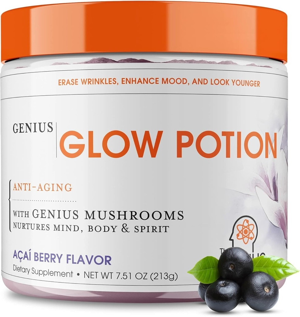 Genius Brand Genius Glow Potion - Daily Skincare Supplement for Glowing Skin - Supports Hydration, Elasticity, Immune Health & Brain Function - Powered by Nootropics - Acai Berry - 30 Hizmetler