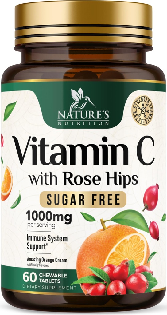 C Chewable 1000 mg - Güçlü Immune Support w/Vitamin C & Rose HIPS - Potent Dietary VIT C Chews Supplement, Natural Orange Flavor, Vegan, Non-GMO - 60 Tabletler