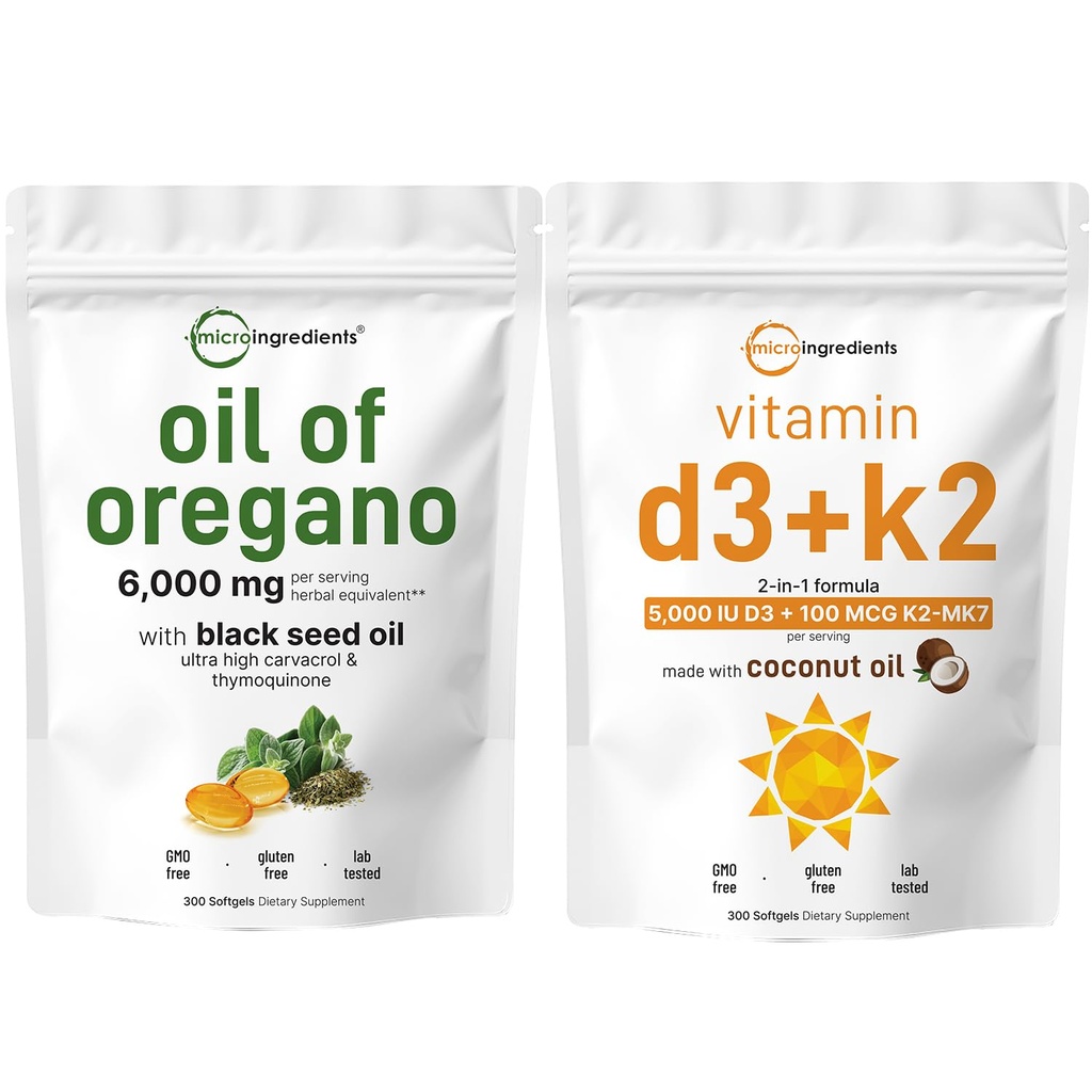Oregano Softgels'in Mikro Yağı D3 5000 IU Plus K2 (MK-7) 100 mcg, 300 Virgin Coconut Yağ Yumuşakgels Paket | 4X Strength Carvacrol & Thymoquinon | Essential