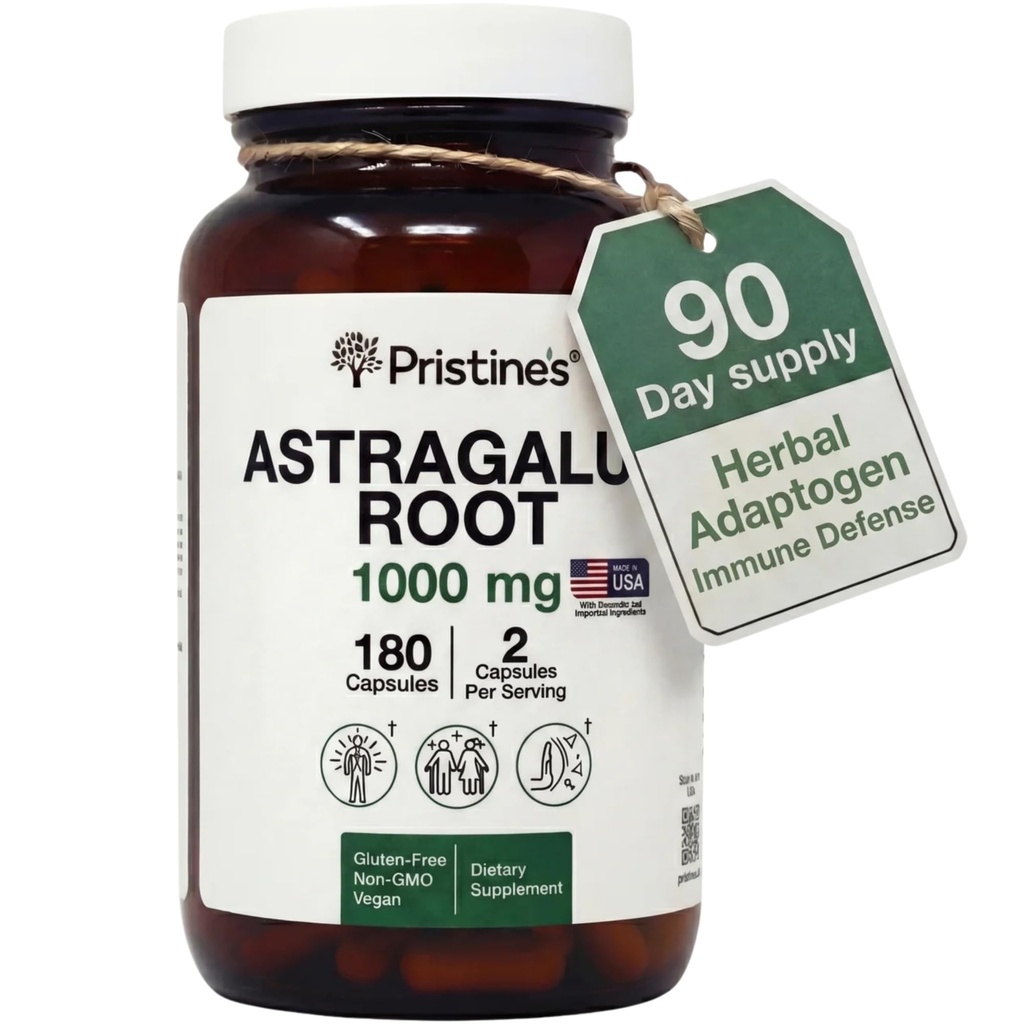 PRISTINE'S Astragalus Root Immune Support Supplement Capsules -1000 mg 90 Day Supply Herbal Adaptogen - Sağlıklı Aging, Heart & Lung Health