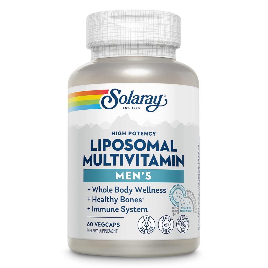 SOLARAY Liposomal Multivitamin for Men, Geliştirilmiş Abvitamin Immune, Energy & Bone Support, Mens Daily Multi Vitamin, BCAA's, Vitamin D3, C, B12, çinko, Vegan, Soy Free, 30 Hizmet, 60 VegCaps