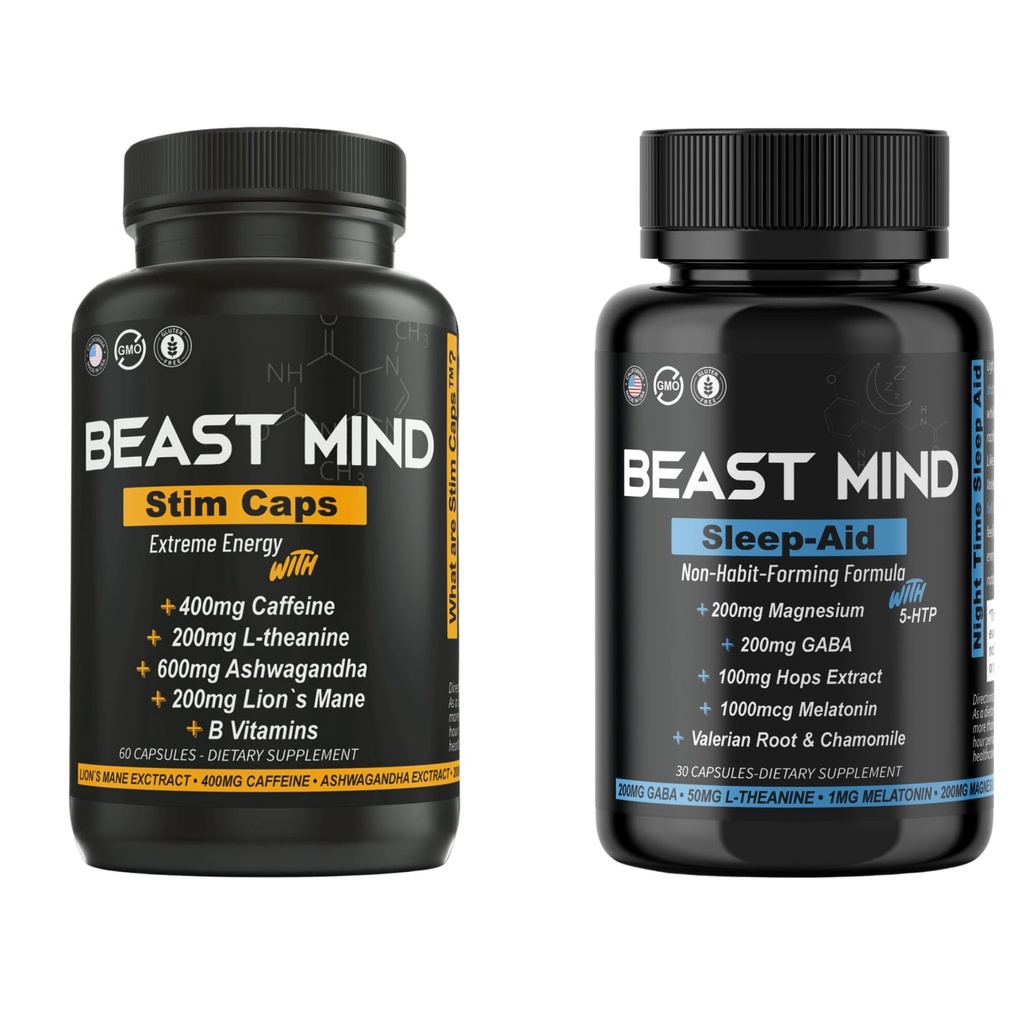 Day & Night Energy With Sleep Aid Sche | 400 mg Caffeine | 600 mg Ashwagandha | 200 mg Lions Mane | Artan Enerji & Focus & Mood Sleep Aid with GABA, Valerian Root, Chamomile, Melatonin, Magnezyum